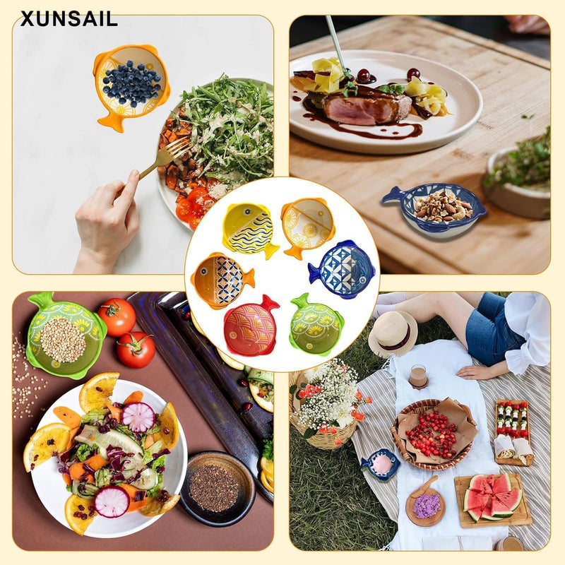 XUNSAIL أطباق غمس خزفية - مجموعة أطباق صلصة الصويا، 6 قطع أطباق غمس سمكة لطيفة للطبق الجانبي، كاتشب حفلة الشواء - Image 3